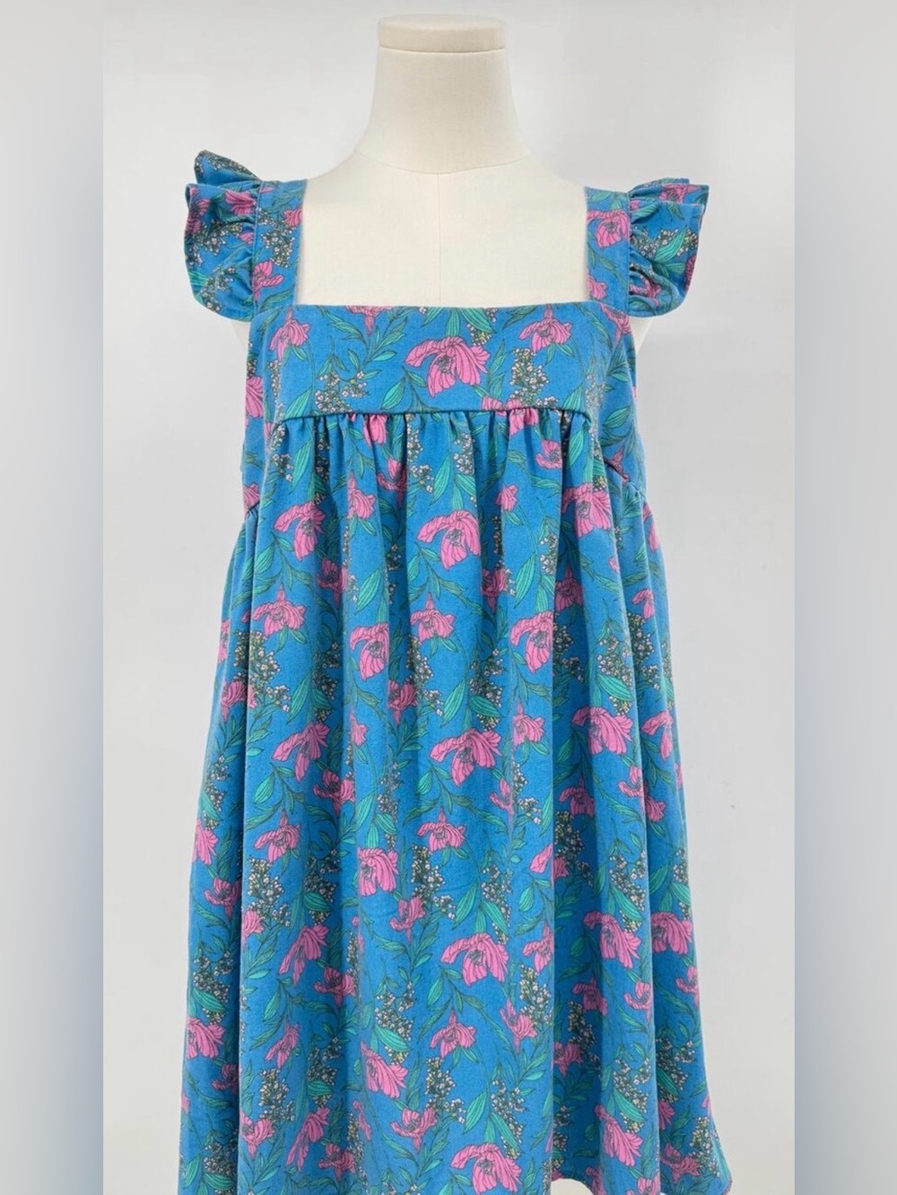 Moon River Tuckernuck Babydoll Blue Floral Linen Dress Sleeveless Mini Tank L